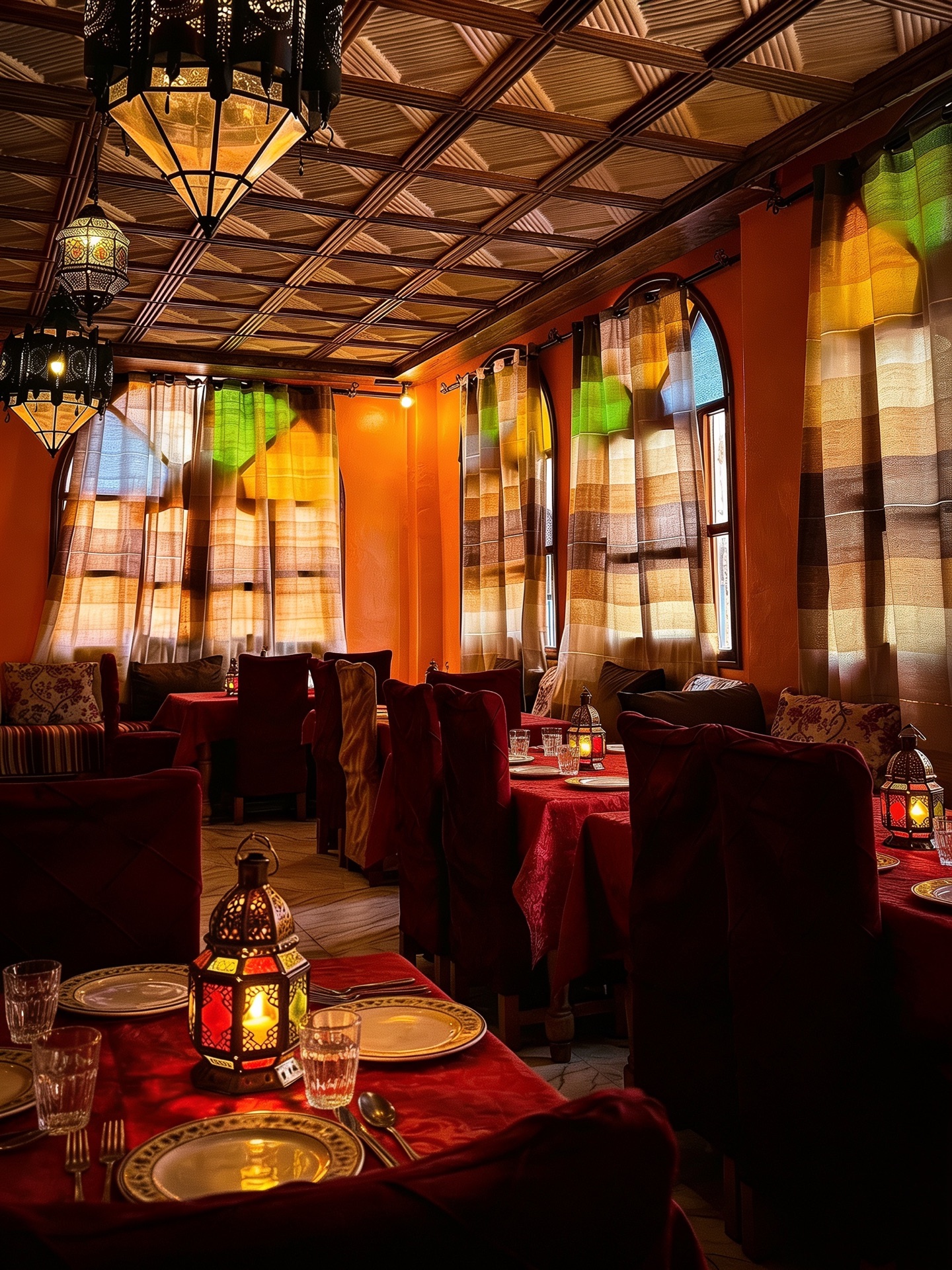 The restaurant at night — red linen, lanterns and painted ceilings