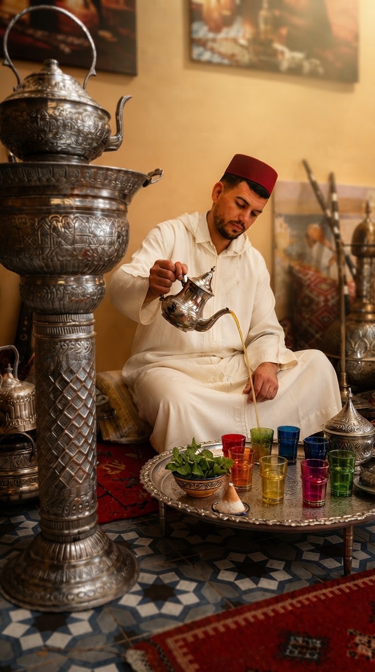 Mint tea poured in the traditional manner beside silver samovars